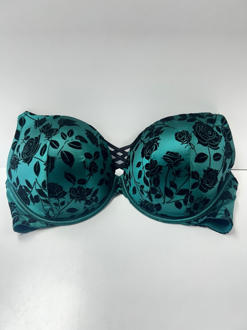 Torrid Teal Satin and Black Velvet Size 42DDD Bra XO Plunge Push Up